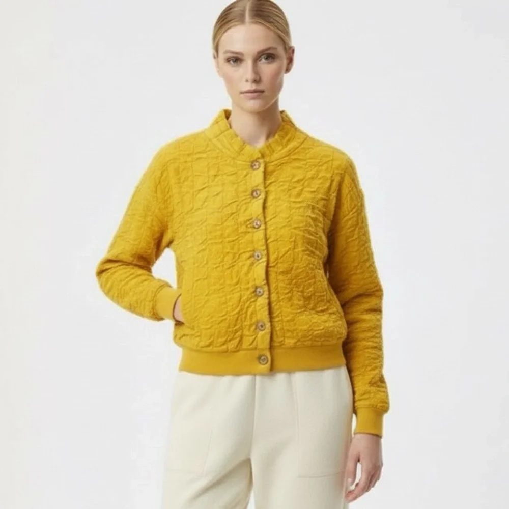 Free People Beach Sunny Yellow Button Down Bomber Cardigan M - Picture 1 of 10